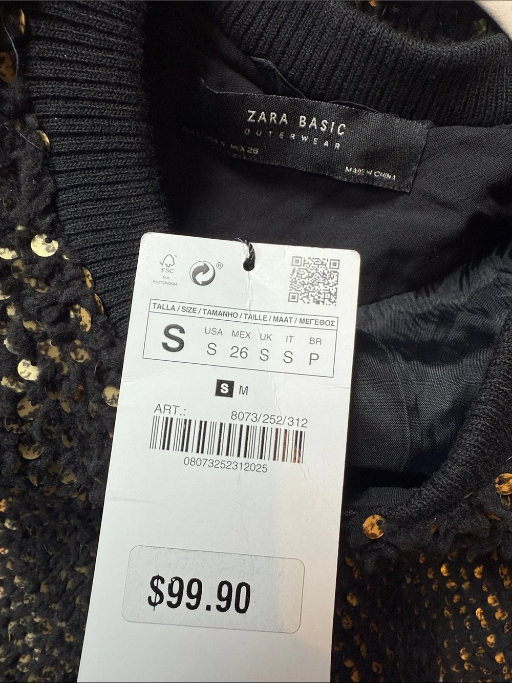 Zara Black And‎ Gold Sequin Bomber Jacket.